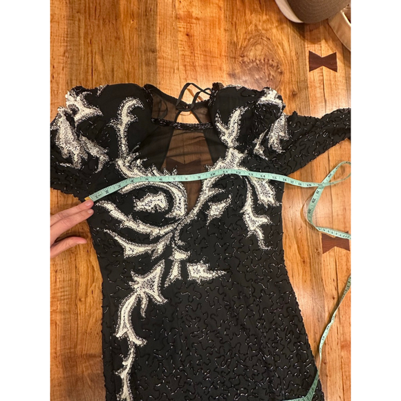 A.J. Bari Vintage 100% Silk Beaded Sequin Gown 80s 90s Asymmetric M - Picture 9 of 16